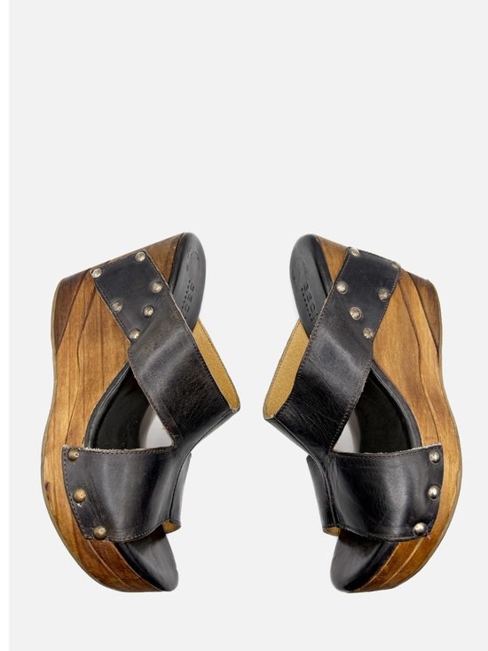 Bed Stu Shoes - Bed Stu Olea Black Leather Wedge Sandals Wooden Heel